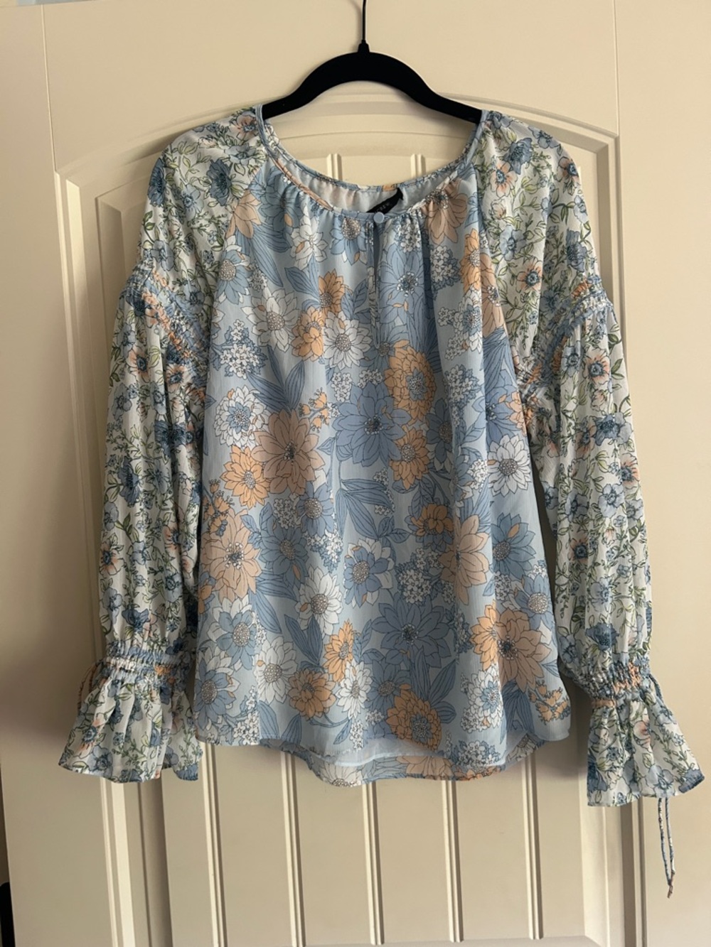 J. Crew Floral Peasant Blouse in Light Blue and Peach